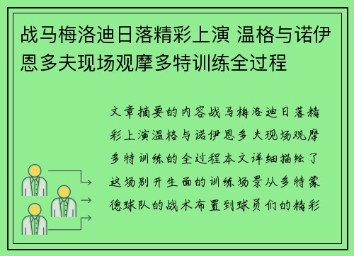 战马梅洛迪日落精彩上演 温格与诺伊恩多夫现场观摩多特训练全过程
