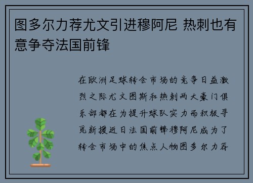 图多尔力荐尤文引进穆阿尼 热刺也有意争夺法国前锋