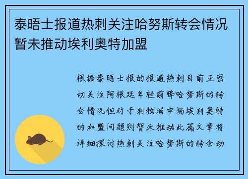 泰晤士报道热刺关注哈努斯转会情况暂未推动埃利奥特加盟