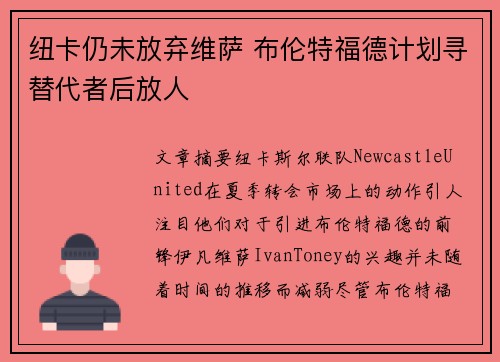 纽卡仍未放弃维萨 布伦特福德计划寻替代者后放人